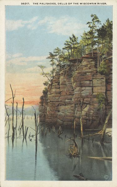 Text on front reads: "The Palisades, Dells of the Wisconsin River." Handwritten message on the back reads: "Rocks!" A tall rock formation with trees growing on the top, and dead trees in the river below.