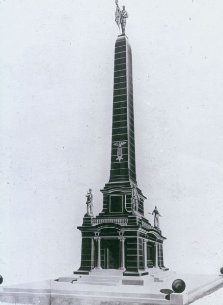 An artist's rendering of the Knox County Indiana Soldiers and Sailors Monument. The monument, a tall obelisk on a classical base, is made of polished Montello granite and was dedicated in 1915. It stands on the grounds of the Knox County Courthouse in Vincennes, Indiana. The cost of the monument was $50,000.