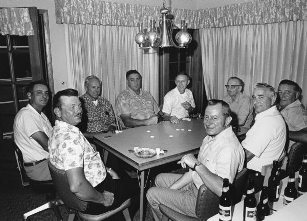 This was a reunion of a group that used to meet in the 1950's to play poker. Around the table, starting at the left: Lawrence Steger, Jr., Ralph Bodden, Don Musack, Leroy Koll, Al Bodden, Bob Sigler, Ray Geulig, Dick Leichtle and Paul Leichtle.