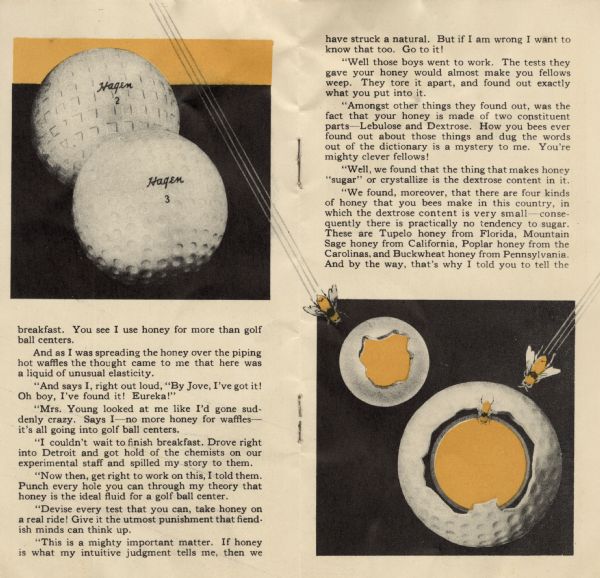 Pages 4 and 5 of Walter Hagen Honey Center Golf Balls Pamphlet. Drawings of Hagen golf balls, one intact and one showing honey inside with bees surrounding the image. Text continues from previous page, with L.A. Young narrating how the product was created.
