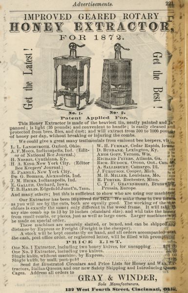 Advertisement for the Improved Geared Rotary Honey Extractor for 1872. Manufactured by Gray and Winder of Cincinnati, OH. Illustrations of two different models of extractors are shown on top. Gray and Winder mention several noted beekeepers who use their extractors.