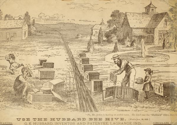 Newspaper clipping of an advertisement for the Hubbard Bee Hive illustrating contrasting types of beekeeping. The illustration is of two yards of beehives separated by a fence. On the left is a man holding a hand up to his head while crouching near a beehive. He appears to be dropping a hive frame while bees fly around his head. Behind him a young girl runs away while bees fly after her. On the right a man is calmly holding a frame of bees, while behind him a young girl stands ready holding a tray. Patented in January of 1883 by G.K. Hubbard of Lagrange, Indiana.