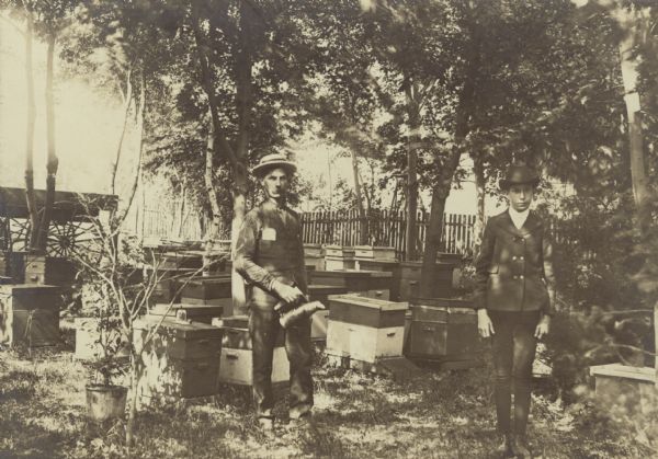 A man and a boy pose standing in apiary surrounded by beehives. The man is holding a smoker.