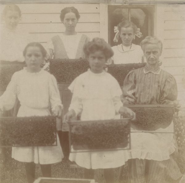 Group portrait of a woman and five young girls and teenagers each holding a frame from a beehive, full of bees.