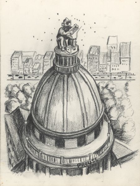 Drawing of the Wisconsin State Capitol building. Features the dome with the "Wisconsin" statue replaced by a seated beekeeper wearing protective clothing, inspecting a foundation frame from a hive. A smoker sits on top of the hive. Several bees are swarming beekeeper. In the background are buildings on the Capitol Square.