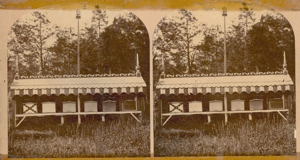 Stereograph of beehives housed in a raised open-sided shed with decorative finials at each end of the roof, scroll-style roof ridge molding, and a painted wooden striped awning. There is a birdhouse on a pole in the center.