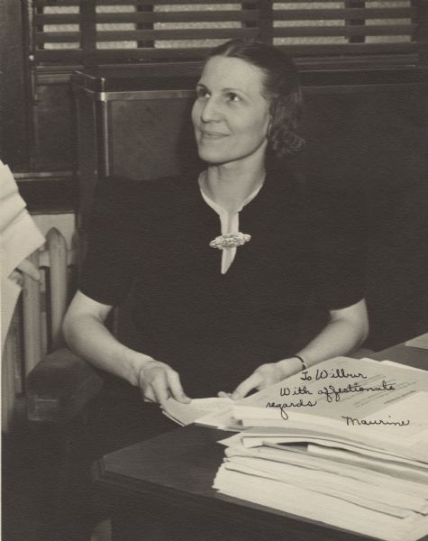 Maurine Mulliner was the first Executive Secretary to the Social Security Board, beginning in 1936. This photograph is inscribed "To Wilbur [Cohen] with affectionate regards."