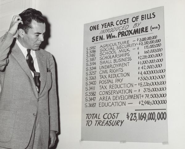 John Byrnes, Republican Senator from Wisconsin, puzzles over a chart of data introduced by William Proxmire, Democratic Senator from Wisconsin. The second item in the list is the estimated cost of social security for one year.