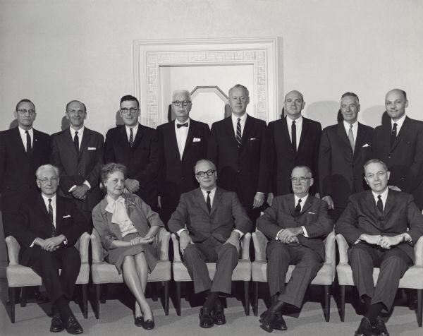 Members of the Advisory Council on Social Security, which has just completed a review of the social security program and submitted recommendations for improvements in the present program, and a program of hospital insurance for the aged and the disabled, are shown here (l. to r.): (seated) Nelson H. Cruikshank, Director, Department of Social Security, American Federation of Labor and Congress of Industrial Organizations; Loula F. Dunn, Director, American Public Welfare Association, 1949-1964; Robert M. Ball, Commissioner of Social Security, Chairman; Marion B. Folsom, Director and former Treasurer, Eastman Kodak Company; J. Douglas Brown, Dean of the Faculty, Princeton University; Gordon M. Freeman, President, International Brotherhood of Electrical Workers; Herman M. Somers, Professor of Politics and Public Affairs, Princeton University; Leonard Woodcock, Vice President, United Automobile, Aerospace and Agricultural Implement Workers of America; Reinhard A. Hohaus, Director, Metropolitan Life Insurance Company, and Fellow, Society of Actuaries; Arthur Larson, Director, Rule of Law Research Center, Duke University; James P. Dixon, M.D., Board, Eaton Manufacturing Company; Kenneth W. Clement, M.D., Practicing Physician and Immediate Past President, National Medical Association.