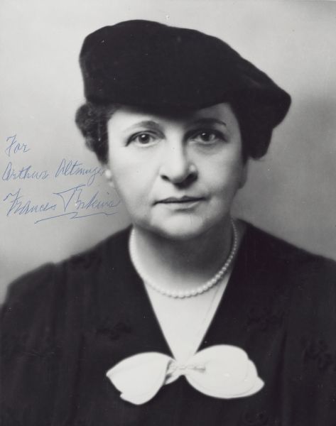 Studio portrait of Frances Perkins, U.S. Secretary of Labor, who spearheaded the committee planning social security. The photo is inscribed to Arthur Altmeyer, an early director of the Social Security Board.<p>Franklin Roosevelt appointed Frances Perkins as his Secretary of Labor, a position she held for twelve years, longer than any other Secretary of Labor. She was the first woman to hold a cabinet position in the United States.<p>In 1934 she became chairwoman of the President's Committee on Economic Security. From this work, Frances Perkins became the 'mother' of the Social Security Act of 1935.