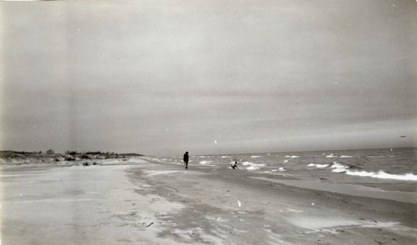 View along shoreline showing the wide sandy swimming beach along Lake Michigan at Terry Andrae State Park. Two people are on the shoreline.
