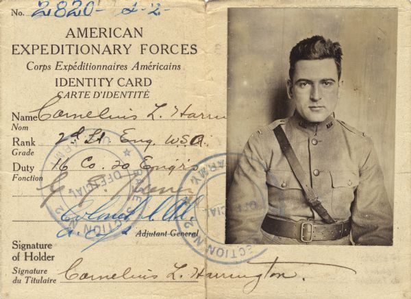 Neal Harrington was assigned to the American Expeditionary Forces in October 1918. He was sent to France with the 20th Engineering Corp as a 2nd lieutenant. On the way to France he survived the February 1918 bombing and sinking of the <i>Tuscania</i>.