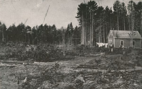 The first forestry building at Trout Lake Headquarters. It served the crew for eating and sleeping while they were clearing for the nursery site in progress for first seeding in 1911. There is a logging road spur in the foreground. A section of reserved Norway pine timber along the shore of Trout Lake is in the background.
