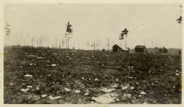 A view of the Lake Tomahawk ranger station taken about 1914 when the buildings were new. Shows the ranger's residence, water tower, the barn for horses with a lean-to for storage of equipment, workmen's cabin, ice house, woodshed and water-tower. In the foreground is the nursery site being cleared for planting.