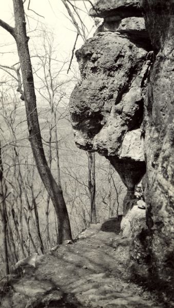 The Buffalo Head, a 'native' stone sculpture by the Mississippi River at the junction of Flint Ledge and Indian trails in Wyalusing State Park.<p>The verso of the photograph is stamped: "Wisconsin - S.P.-6 Nelson Dewey Negative Number 281 Description." Wyalusing State Park was originally named Nelson Dewey State Park when established in 1917.