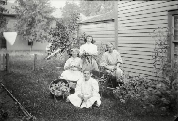 Four girls pose in a garden next to a house between the Post Office and Council Rooms on Main Street. Lillian Muller is seated on the ground. Behind her, posed around a wheelbarrow left to right are: Florence Lund, Ann Mathison, and Edna King. The girls appears to be husking corn.
