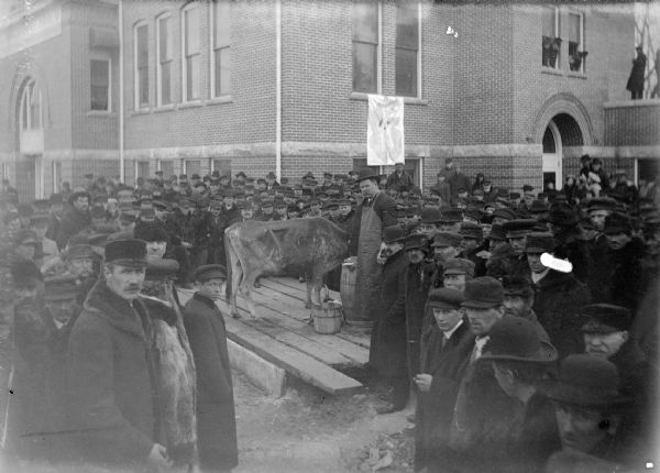 Slightly elevated view of crowd standing closely around a platform on which a man wearing an apron stands next to a cow. A barrel and wooden pail are also on the platform. Most of the crowd of men are looking toward the photographer. In the background is the Winnebago County School of Agriculture and Domestic Economy and a banner hangs below two of the windows.