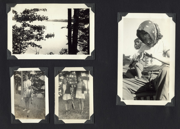 Page from Joy Camps photo album displaying four photographs of campers fishing. Upper left photograph is an elevated view of several campers in a boat fishing on the lake. Lower left photographs show campers on land, displaying fish caught. Right photograph is a close-up of two people in a boat on the water; young camper in foreground is taking her hook out of a fish. Original caption notes: "Perch, large and small mouth black bass, and other pan fish abound in our Lake. Our campers spend hours on end at this sport, and they love it. Fishing breakfasts add to the pleasure. And usually once a week we catch enough to feed our camp family of seventy-five, and that is not a fish-story, either!"
