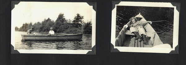 Page from Joy Camps photo album displaying two photographs. The left one is a view over water towards two young campers fishing in a rowboat. The right one is of a young camper reclining in a rowboat with her legs over the seat as her fishing pole rests over the side of the boat. Original caption notes: "Perch, large and small mouth black bass, and other pan fish abound in our Lake. Our campers spend hours on end at this sport, and they love it. Fishing breakfasts add to the pleasure. And usually once a week we catch enough to feed our camp family of seventy-five, and that is not a fish-story, either!"