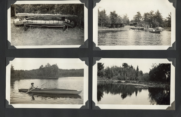 Page from Joy Camps photo album displaying four photographs. At the top left is a birch bark canoe on a covered stand with paddles on racks. At upper right, taken from the water, is a camper in a rowboat on the lake, with several campers on a dock and some swimming; also pictured here is a large canoe rack on the shore, with oar and paddle racks. At the lower right is Lily Pond at the end of the Bay; the original caption notes: "This is the special delight of Cabin V." On the lower left is a camper out in the lake paddling the Folbot (kayak); original caption notes that this boat was "imported from abroad and done in special camp colours of red and blue."