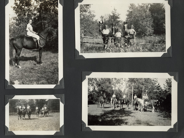 Page from Joy Camps photo album displaying four photographs. The top left is of a single rider on horseback. The top right photograph shows three "Pioneer Riders" with their horses posed along a birch fence, dated 1939. The lower left and lower right photographs display campers on horseback. Original caption notes: "Showing part of the Drill by advanced riders which was the opening number of our Final Horse Show in 1938."
