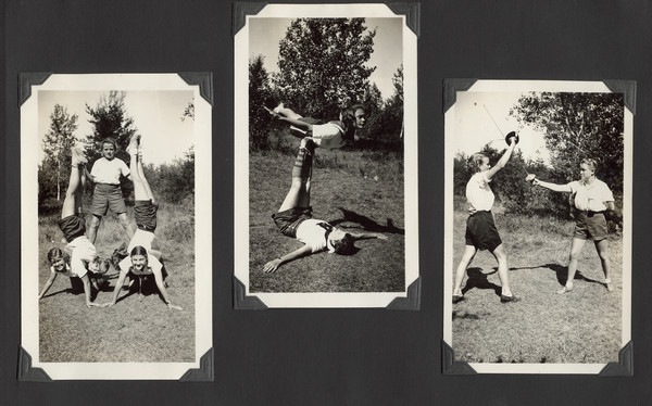 Page from Joy Camps photo album displaying three outdoor photographs of campers. The left and middle photographs show campers in different tumbling and acrobatic poses. The right photograph shows two campers in fencing stance with epees raised. Original caption notes: "Tumbling and fencing are fun, too. Both sports afford fine physical training, and are activities which can be engaged in later on. In such fashion ALL of the sports, skills, and knowledge acquired at Camp are added to each camper's life-equipment, and stand each individual in good stead during the coming years."