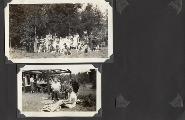 Page from Joy Camps photo album displaying two photographs; there is an empty space where a third photograph was once included. The top photograph shows a group of campers in costume, posed outdoors in front of a wooded area; original caption notes: "...one of the scenes from Midsummer Night's Dream; and the 3 little pigs." The bottom photograph shows several campers seated outdoors at a table on a platform near a building, sewing costumes; original caption notes that this group was the "Costume Committee."