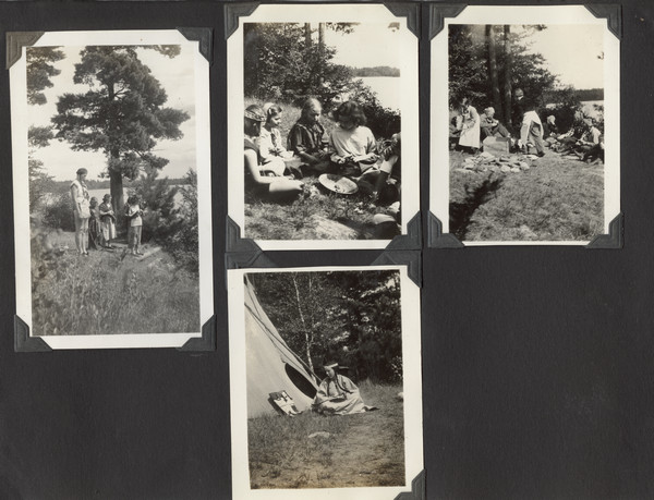 Page from Joy Camps photo album displaying four photographs. Campers are in costume, standing in one photograph and seated in the others. In one photograph a camper is dressed as a young Indian woman and is seated outside a tipi. A lake and the distant shoreline are in three of the photographs. Original caption notes that these are "scenes taken from a very fine historical pageant given in 1938."