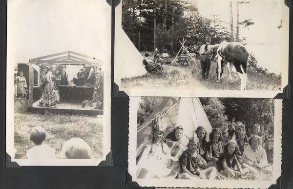 Page from Joy Camps photo album displaying three photographs. In each, campers are participating in a historical pageant, on a wooden stage in one photograph and alongside a tepee in the other two photographs. In one photograph are a lake and distant shoreline. Original caption notes that this 1943 pageant "celebrated Wisconsin's Tercentenary."