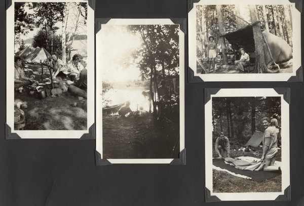 Page from Joy Camps photo album displaying four photographs of campers participating in outdoor camping. Left photograph shows campers cooking over a campfire, with tents set up behind them, and a lake and distant shoreline in the background; original caption notes: "An overnight riding trip at Snow's Point on neighboring Bear Lake." The middle photograph shows campers cooking over a campfire, with a canoe along the shore and a lake and distant shoreline in the background; original caption notes: "Preparing supper at the overnight site at the end of our own Lake." The upper right photograph shows campers standing and sitting near the lean-to; original caption notes: "Lean-to made by campers at Breezy Pines, on Kaubashine Creek. We carry tarps to put over these permanent frames." The lower right photograph shows campers folding up a bedroll; original caption identifies this as the "Tomahawk Trip."