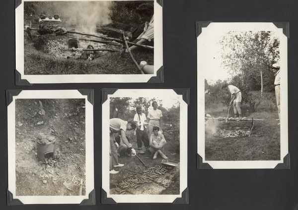 Page from Joy Camps photo album displaying four photographs. Each photograph depicts cooking at a campfire, with meat cooking on wood spits, atop a metal stove, and hotdogs spread across mesh covering a large pit in the ground with hot coals. Most of the photographs show various campers tending to the fires and food. Original caption notes: "This page shows some of the methods we use when cooking outdoors without utensils, or 'wilderness cooking,' as some call it." For the upper left photo, the original caption notes: "Roasting a chicken and a roast of beef, and making a bread twist. In the rear are potatoes done 3 ways--wrapped in clay, baked in a tin, and wrapped in wet newspapers." For the lower left and center photographs, the original caption notes: "Hamburgers doing well on a Camp Roosevelt stove (1 gal. tin with fuel opening and chimney). Weiners [sic] starting to sizzle on our own brand of barbecue pit." And for the right photo, the original caption notes: "Chickens being done on a spit, and at the moment, being swabbed with delectable home-made barbecue sauce. And ARE these good?????"