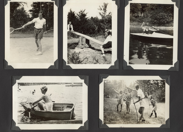 Page from Joy Camps photo album displaying five photographs. Young campers are participating in a number of activities, including tennis, seesawing, boating, and archery (these campers are identified in the original caption as being from 7 to 12 years old and living in 'Camp Pioneer')." Original caption notes: "Interests and activities and day-to-day living are geared to the individual needs of this lively and happy group of younger children. A special play field at their back door was added during 1936, of which the see-saw is a popular part. Stress is given where desired on the fundamentals of tennis and small, light-weight bows bring archery easily within their reach. The kayaks are just the right size, and fishing is as popular at 7 as at 17. Counselors in this section are chosen because of their special interest and training in the needs of this age. These campers adjust quickly to group life, and learn outdoor skills and camp ways with surprising speed and ease."