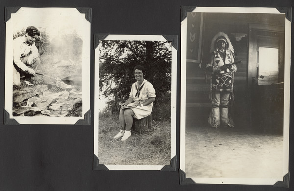 Page from Joy Camps photo album displaying three photographs. In one photograph Barbara Ellen Joy, camp owner and co-director, cooks over a large grill area. Another photograph shows co-director Marjorie Camp sitting on a tree stump holding a clipboard, with the lake and far shoreline in the background. The third photograph is  of Chief Whirling Thunder in full native dress inside a cabin. Original caption notes: "Both directors in characteristic poses (although Miss Camp doesn't often sit down during the day), illustrating her own camp 'specialty.' Miss Joy is putting the finishing touches on the barbecue of 75 pounds of porterhouse steaks, an event which takes place twice during the season. She is in charge of all camp craft activities. Miss Camp is in charge of the general program and ALL water sports, and both take an active part in the camp program." The original caption that describes the image of Chief Whirling Thunder reads: "Chief Whirling Thunder of the Winnebago tribe, who has spent two afternoons with us, telling in a dignified and thrilling manner of the lore of his people."