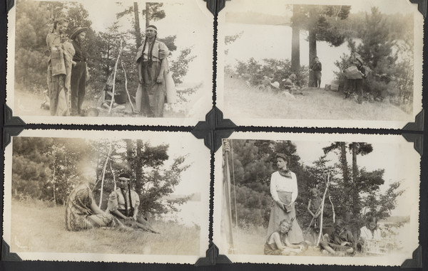 Page from Joy Camps photo album displaying four photographs. These images capture various scenes from a pageant staged outdoors, with a lake and distant shoreline in some of the photographs. Original caption notes that these are "scenes from our 1940 pageant, 'Women of Trail and Wigwam.'"