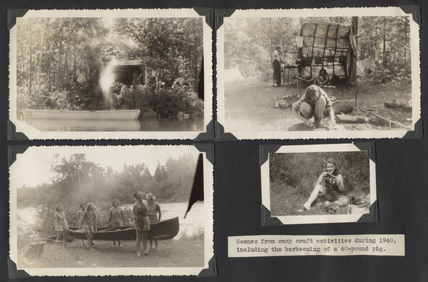 Page from Joy Camps photo album displaying four photographs. Original caption notes: "Scenes from camp craft activities during 1940..." (the remainder of the caption on this page refers to a different photograph.) Images include a canoe at the shoreline and one of several campers hauling a canoe. Another scene shows a camper in the foreground, kneeling, with another camper squatting in a makeshift cooking area farther back, with pots hanging from branches, and a third young woman standing near the cooking area. A couple of small tents are behind them. A final scene shows a camper sitting in a grassy area, possibly eating.