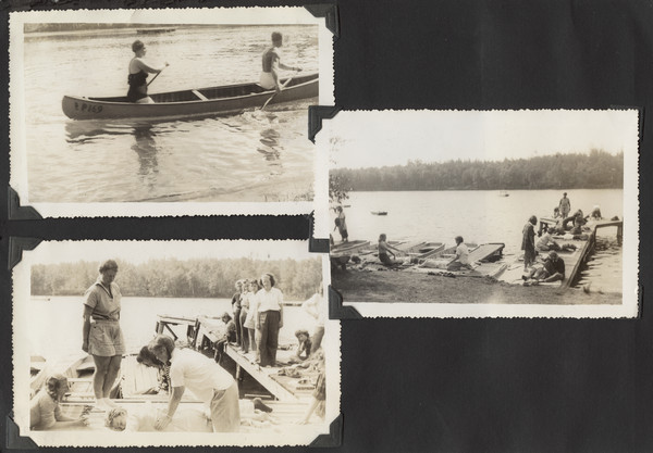 Page from Joy Camps photo album displaying three photographs. Two of the photographs show campers and counselors working in resuscitation classes along the shoreline on a dock. Original caption notes that these efforts were related to wartime activity, and that one photograph shows "Miss Camp in the canoe with Mr. W. Van B. Claussen of the National staff of ARC who visited us and gave us a splendid demonstration and talk on recent developments in Water Safety. We are very proud of our 1942 War Service efforts."