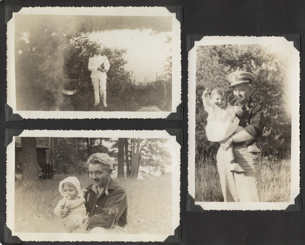 Page from Joy Camps photo album displaying three photographs. In one a man poses in a white military uniform holding his hat, with a lake and distant shoreline in the background. In another the same man poses, in uniform, holding a young child, standing in a grassy area near woods. In the third the same man holds the same child, posing near a lake with distant shoreline in the background. The man is identified as Ernest H. Joy,the brother of the owner of The Joy Camps, Barbara Ellen Joy.
A building and Adirondack chair are in the near background, to the left. The child is wearing a hat and holding a flower up to its face. Original caption notes: "In late July Miss Joy's brother, Lt. E.H. Joy of the Medical Corps of the U.S. Navy, visited camp with his family on his way from the Naval Air Station at Lakehurst to sea duty in the Pacific. He gave the campers a most interesting and instructive talk on the history and present status of lighter-than-air craft."