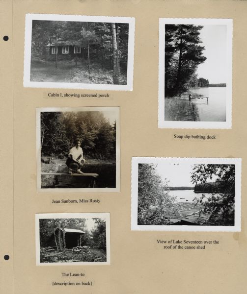 Page from Sue Ann Hackett Blue Album displaying several photographs. Includes one of the cabins (exterior view), Miss Rusty (one of the Joy Camps counselors), the Lean-To, shoreline, and a view of Lake Raymond (now Seventeen Lake) looking over the roof of the canoe shed.