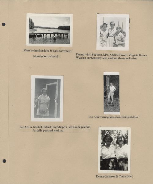 Page from Sue Ann Hackett Blue Album displaying several photographs. Includes dock on lake, with distant shoreline, Sue Ann with a friend and her mother, other friends of Sue Ann's, and Sue Ann in a couple of other outdoor scenes.