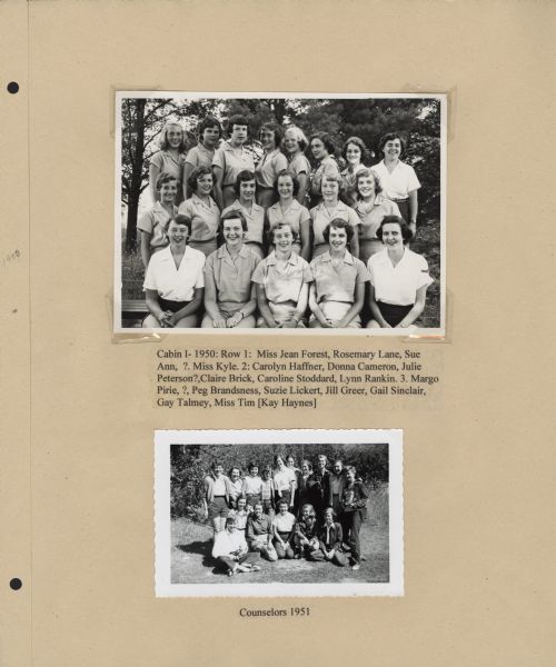Page from Sue Ann Hackett Blue Album displaying two group portraits. One is of Cabin I in 1950 and the other is of the camp counselors in 1951. They are posed in outdoor settings, with a lake in the background of the top group portrait.