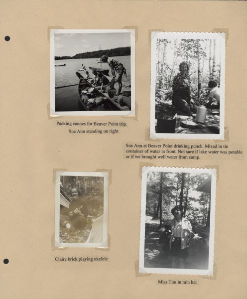 Page from Sue Ann Hackett Blue Album displaying several photographs of a trip to Beaver Point. Includes campers packing a canoe alongside a dock, campers seated on the ground with utensils, a camper playing the ukelele (with tents on either side of her), and a counselor wearing a hat.
