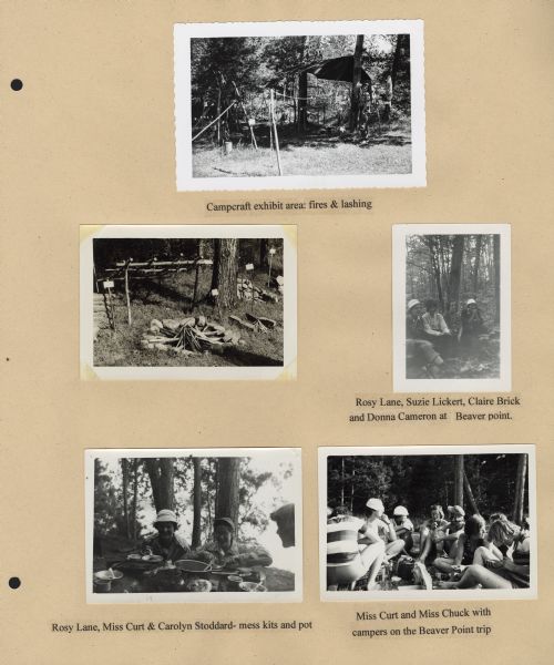 Page from Sue Ann Hackett Blue Album displaying scenes of Joy Camps camp craft activities during Beaver Point trip. Includes fires and lashings, campers eating with camping utensils, and campers relaxing. A lake is in the background of the mess kits group portrait.