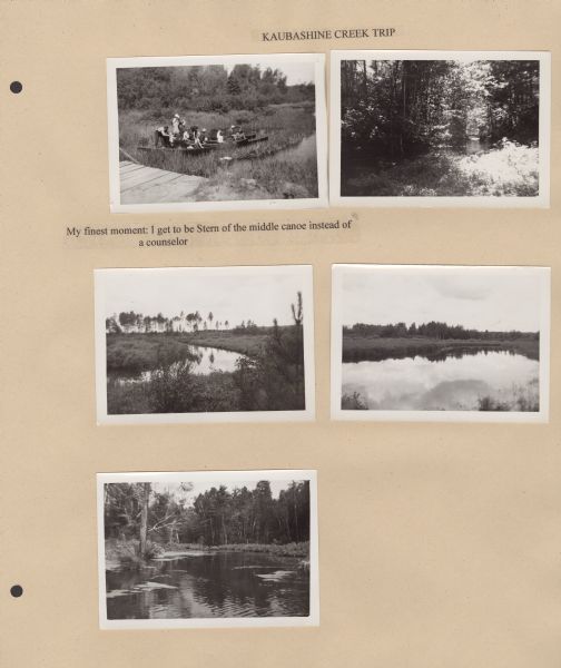 Page from Sue Ann Hackett Blue Album displaying several photographs from Kaubashine Creek trip. Includes campers in boats near a dock, and water and wooded areas.