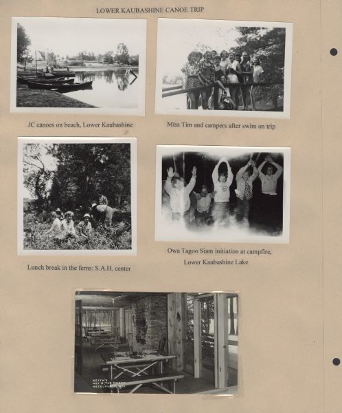 Page from Sue Ann Hackett Blue Album displaying several scenes from a canoe trip on the Lower Kaubashine Creek. Includes photographs of Joy Camps canoes on shore (with several men standing in and around other boats nearby, with a barn and what may be a farmhouse in the background), several different groupings of campers, and a postcard of a dining area at "Keith's Key O' the North" in Hazelhurst, Wisconsin.