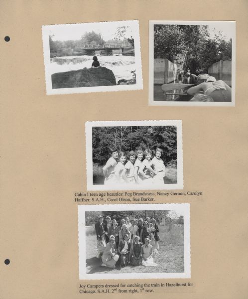 Page from Sue Ann Hackett Blue Album displaying several scenes. Includes photographs of a girl near a bridge with rapids, campers canoeing, a lineup of some of the campers from Cabin I, and campers at the end of the season dressed for the train trip home.