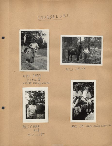 Page from Sue Ann Hackett Scrapbook displaying several photographs. Includes different counselors standing and sitting, who were working at Joy Camps in the summer of 1949. One counselor is standing next to a horse holding the reins. Title of page and names of counselors depicted are handwritten in blue ink.