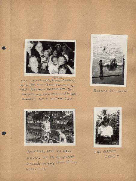 Page from Sue Ann Hackett Scrapbook displaying several photographs of Sue Ann Hackett's camp friends in the summer of 1949. Includes a girl wearing a swimming suit and swim cap in the water, hanging onto a wooden dock; a girl in a white shirt and dark shorts standing near trees; two girls "passing their Boiling water" requirement; and a group portrait of friends. The captions are handwritten in blue ink.