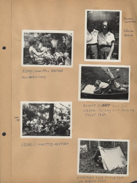 Page from Sue Ann Hackett Scrapbook displaying several camp photographs. Includes the "Riding Committee meeting" (including the Dalmatian "Lindy"), campers packing a canoe for the Beaver Point Trip, and a camper in a tent while on the trip (with another tent in the background). The captions are handwritten in blue ink.