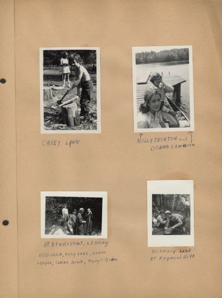 Page from Sue Ann Hackett Scrapbook displaying several photographs of Joy Camps activities. Includesa young camper with a hatchet and piece of wood; two campers sitting on a dock; one camper working with utensils over a tarp on the ground (with other campers around her); and a group of campers departing Beaver Point. The captions are handwritten in blue ink.