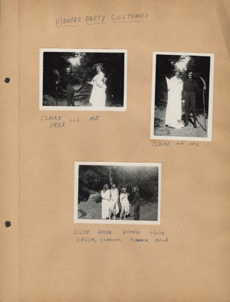 Page from Sue Ann Hackett Scrapbook displaying three photographs from the Pioneer Party at Joy Camps. Campers are in outdoor settings dressed in costumes. The captions are handwritten in blue ink.